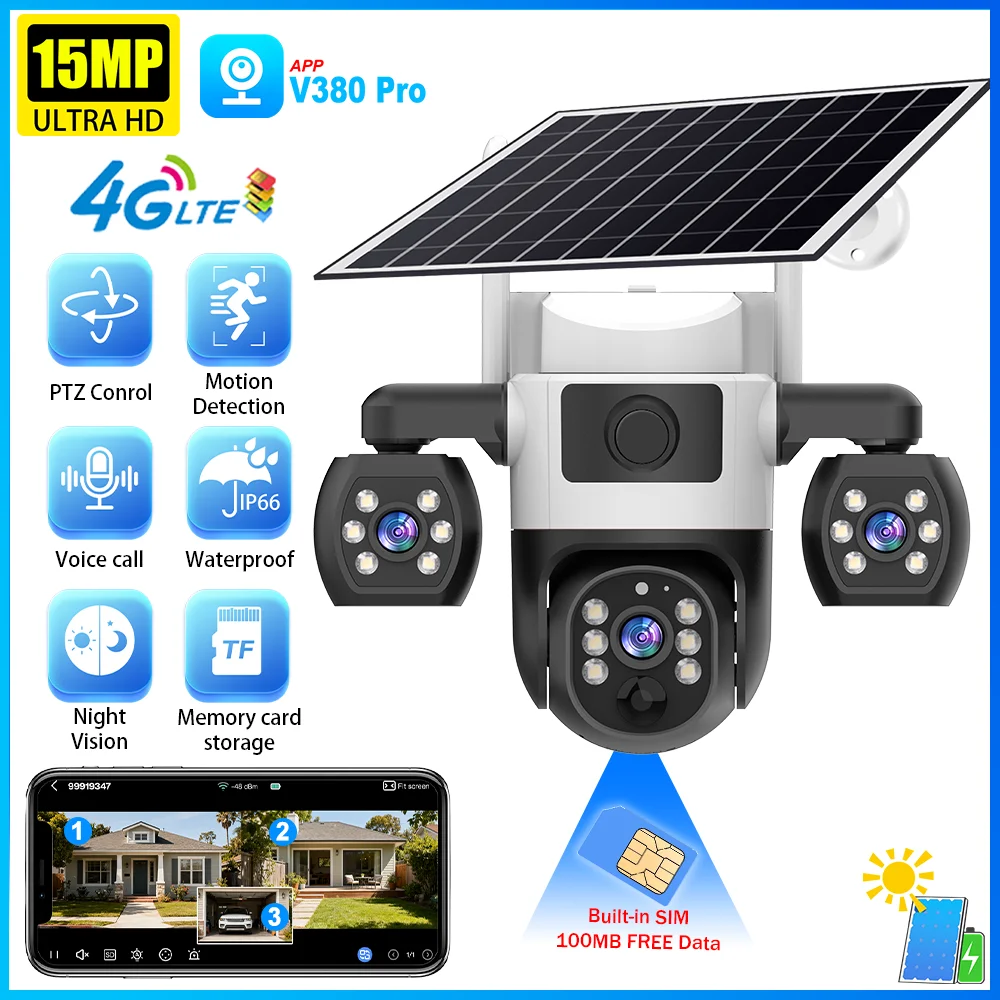 

V380 Solar Security Camera HD Triple Lens Solar Charging PIR Motion Detection Night Vision Ultra Low Power Outdoor CCTV