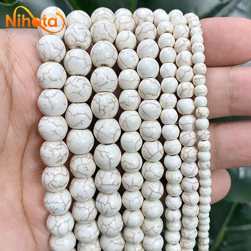 4/6/8/10/12mm Smooth White Stripe Turquoises Round Loose Beads DIY Bracelet Necklace Pendant for Jewelry Making 15'' Strand
