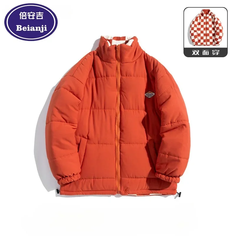 Double-sided cotton coat men winter loose checkerboard sense of wind small cotton coat bread suit