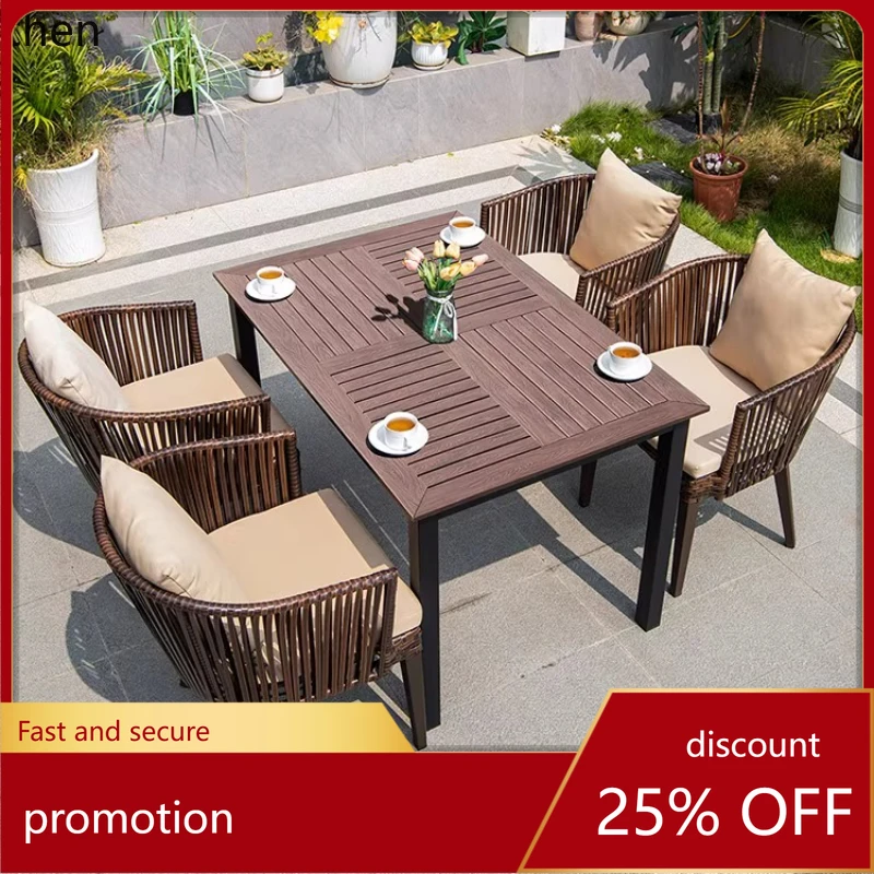 HXL Outdoor Table and Chair Set with Backrest for Courtyard, Garden Waterproof and Sunproof Leisure Plastic Wood Table and Chair