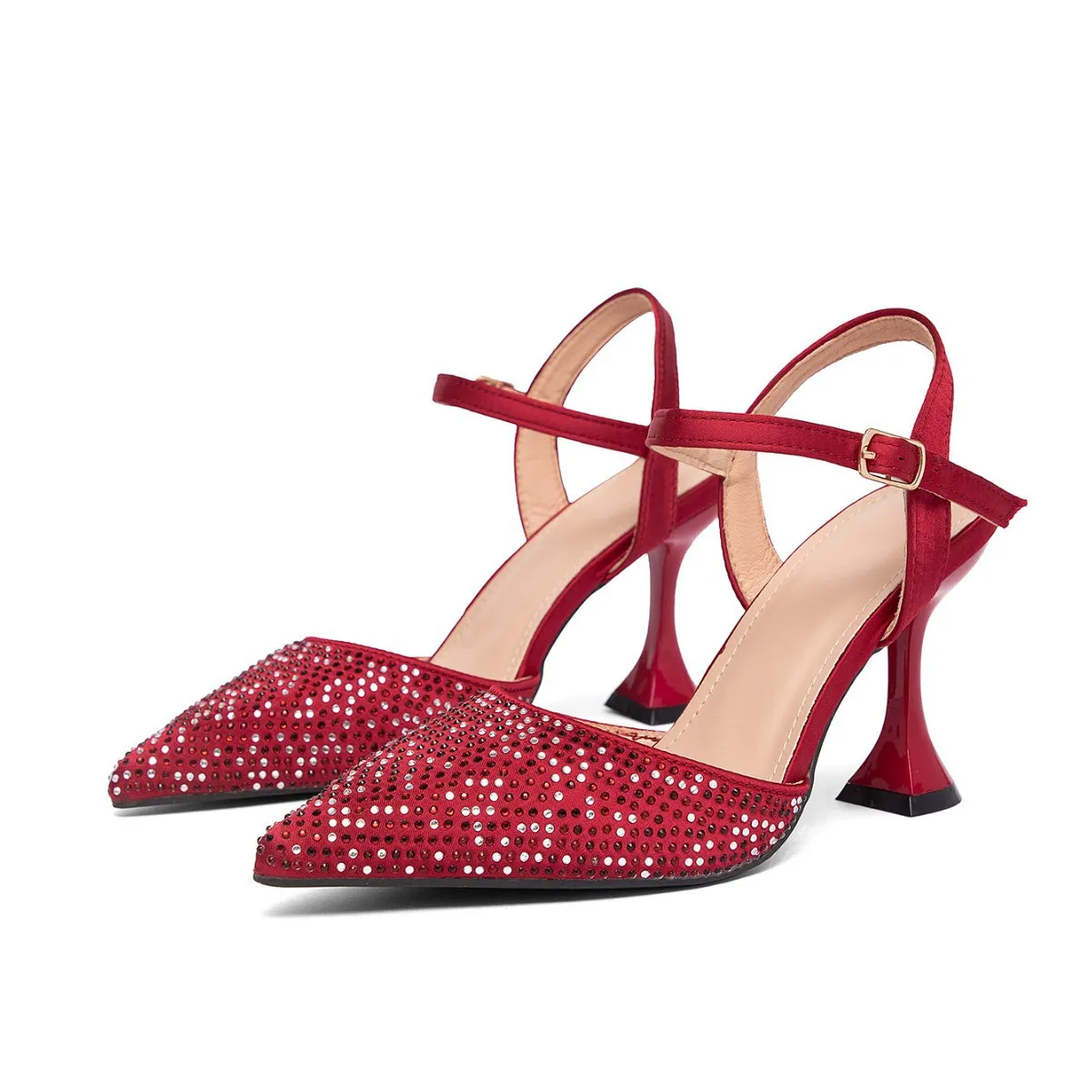 

Fashion Rhinestone Cover Toe Ankle Buckle Sandals Women Wedding Party Dance High Heels Shoes Woman Katten Heel Pointed Toe Pumps