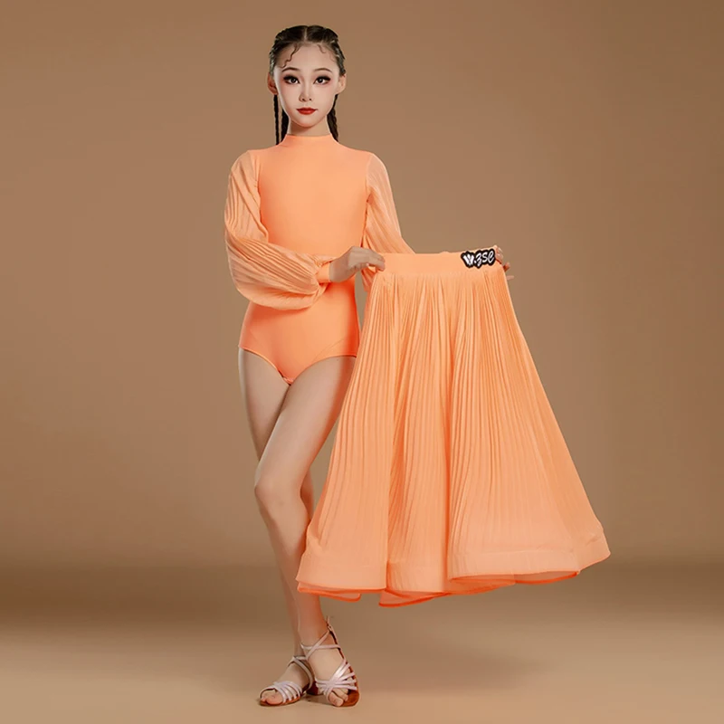 오렌지 볼룸 댄스 드레스 표준 성능 복장 랜턴 슬리브 레오타드 플리츠 스커트 소녀 왈츠 경쟁 드레스 3547