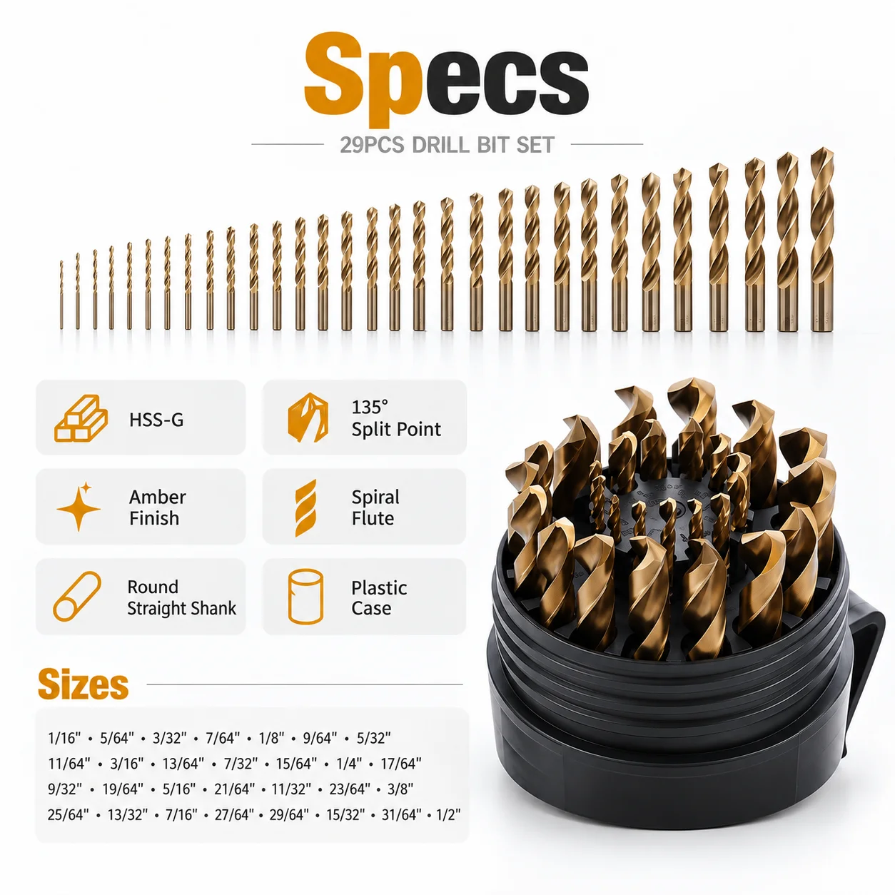 29Pcs HSS-G Drill Bit Set 1/16