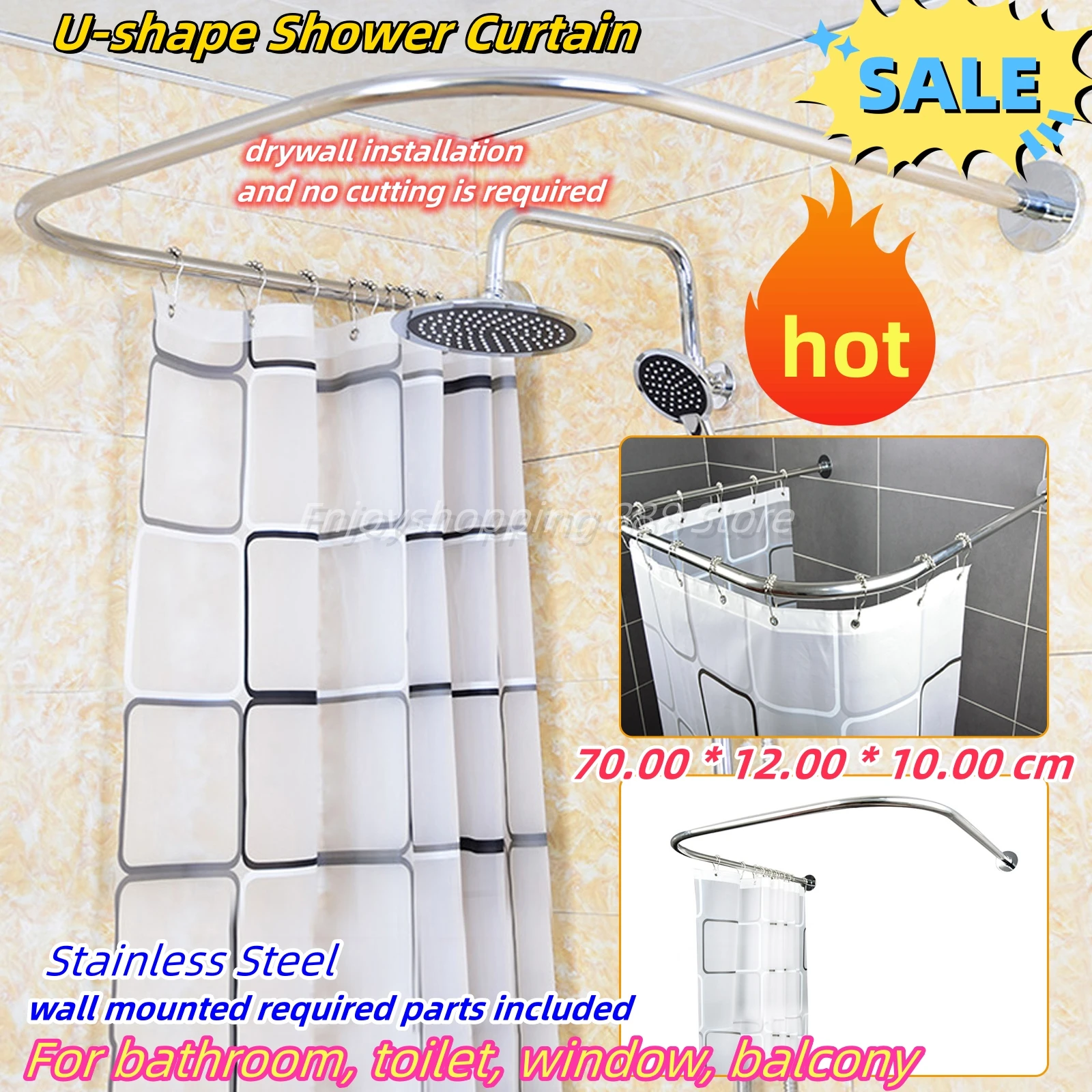 U-shape Shower Curtain Rail Stainless Steel for Bathroom Or Changing Room 70.00 * 12.00 * 10.00 cm