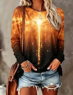 Women's Aurora Print Top Dark Green Black Gradient Long Sleeve T Shirt