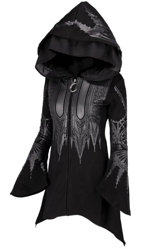 Street Goth Punk Style Black Long Hooded Top Harajuku Retro Dark Grunge Y2K Print Sweatshirts 2022 New Autumn Winter Ladies Tops