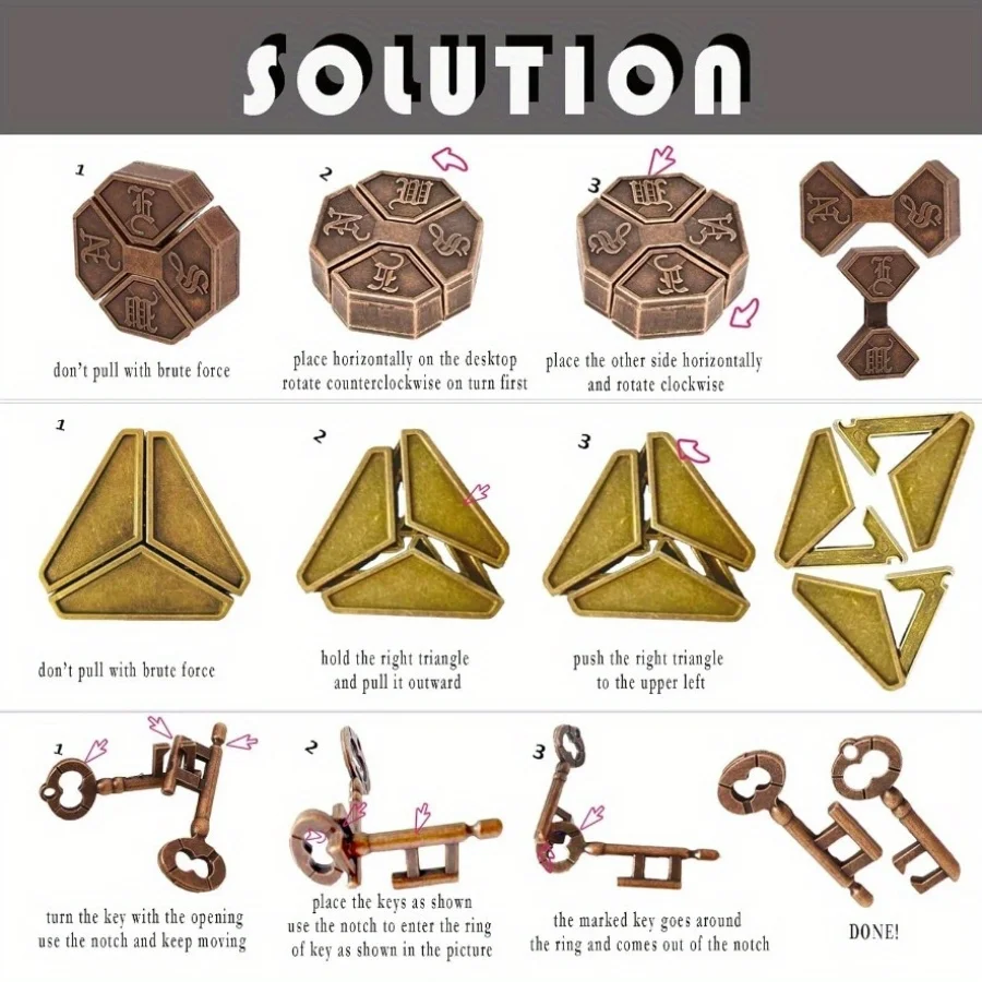 3-teiliges Set aus Metall, Denkaufgabe, Puzzle-Spielzeug, IQ-Herausforderungsspiele, Lösung, Entsperrung für Kinder und Erwachsene, perfektes Party-Herausforderungsgeschenk – Detail 2