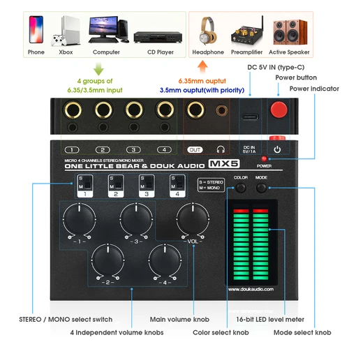 Imagen 2 del producto Douk Audio MX5 Mezclador de audio mono/estéreo de 4 canales Mezclador de línea de ruido ultrabajo Medidor de nivel LED de 6,35/3,5 mm para Club/Studio DC5V