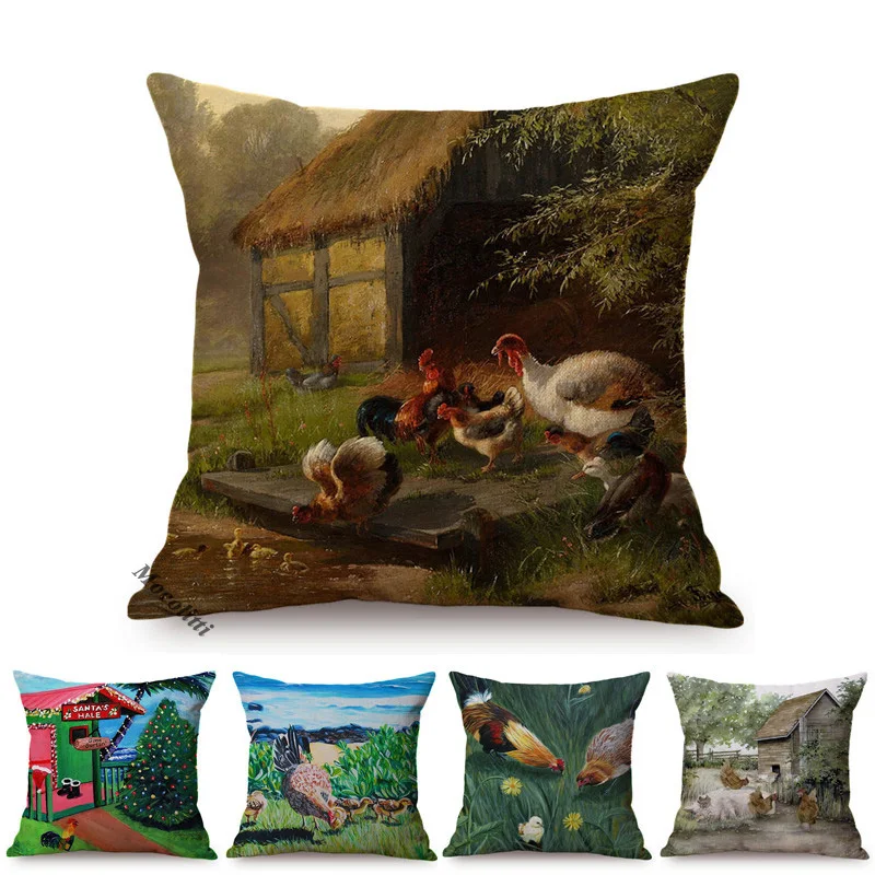 Funda de almohada decorativa artística con pintura al óleo de pollo, gallo, Animal de granja nórdica, funda de cojín para sofá y silla de estilo bebé