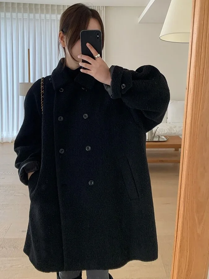 Chic Warm Winter Coat Women's Double Breasted Cotton Wool Blend Stand Collar Korean Style Outerwear Casual Versatile Fashion