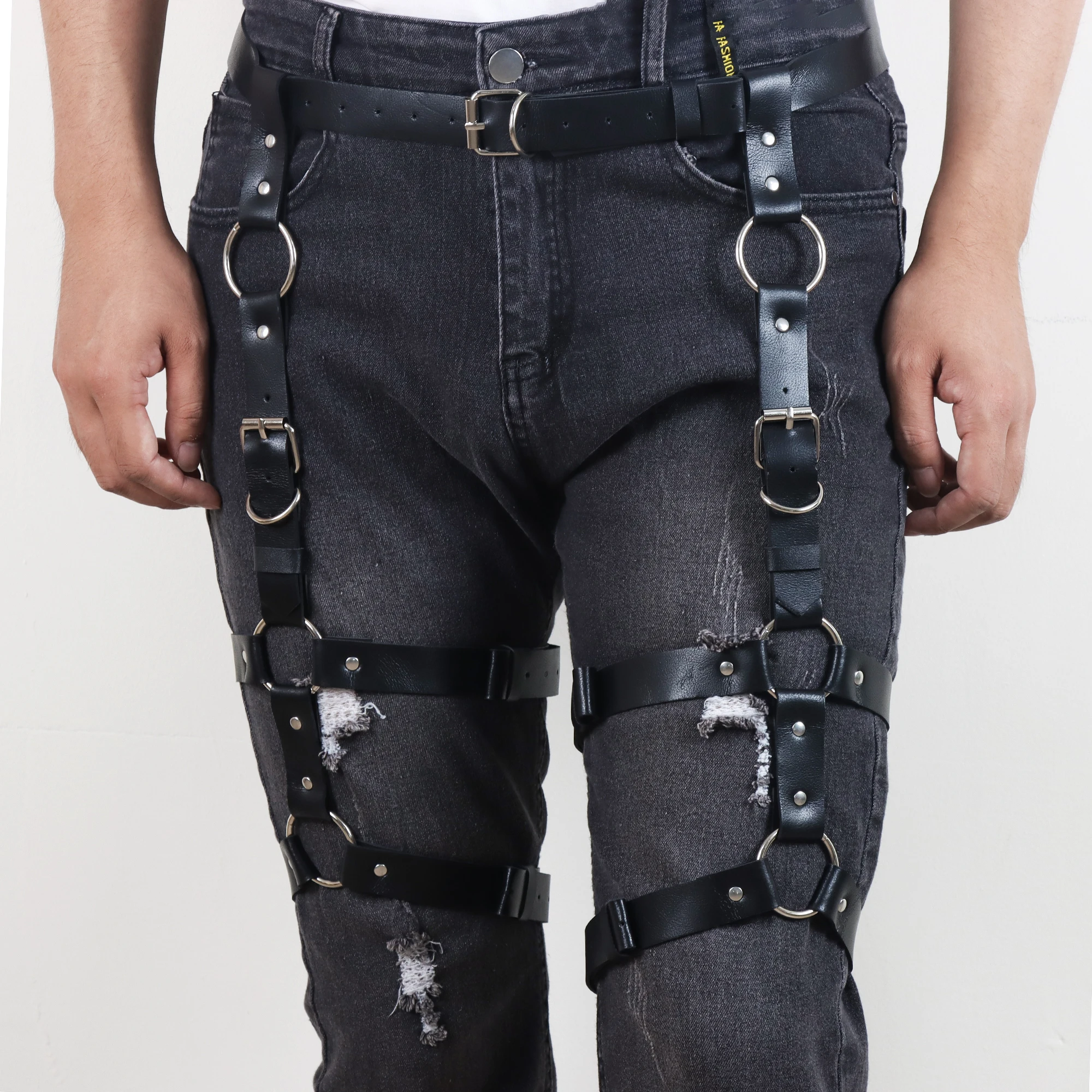 Cinturón de pierna y muslo de cuero negro, arnés Punk, jaula de cadena para el cuerpo, mujeres para hombres