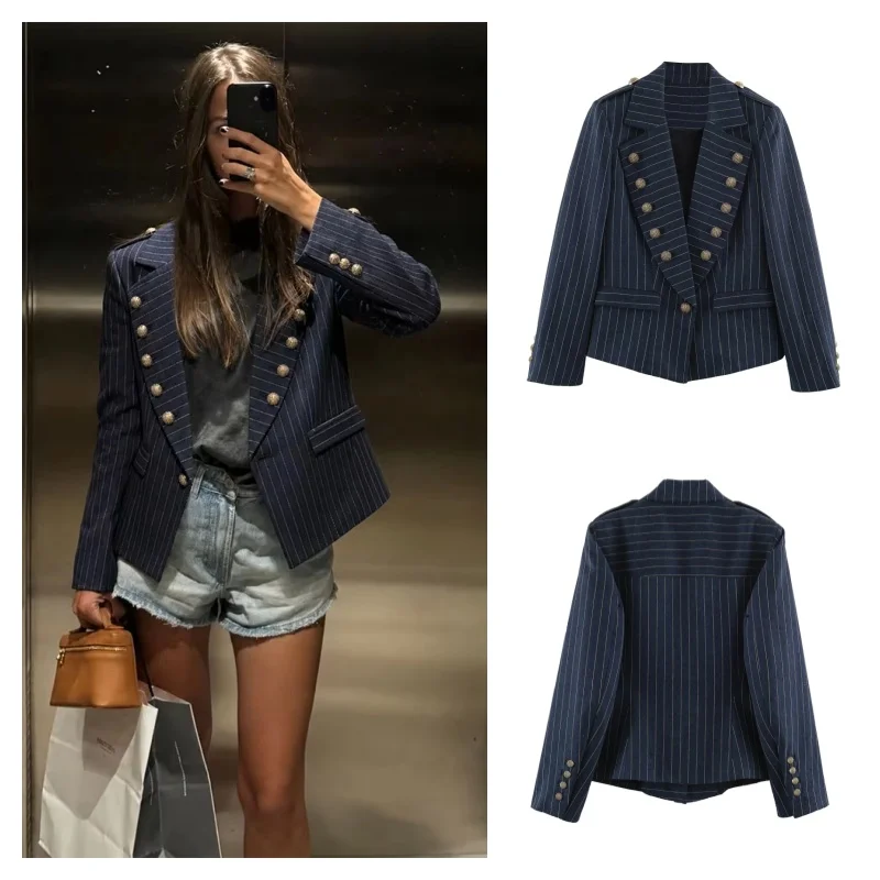 Women Striped Cropped Blazer Notched Lapel Double Breasted Metal Button Vintage Military Style Jacket Fall Outerwear