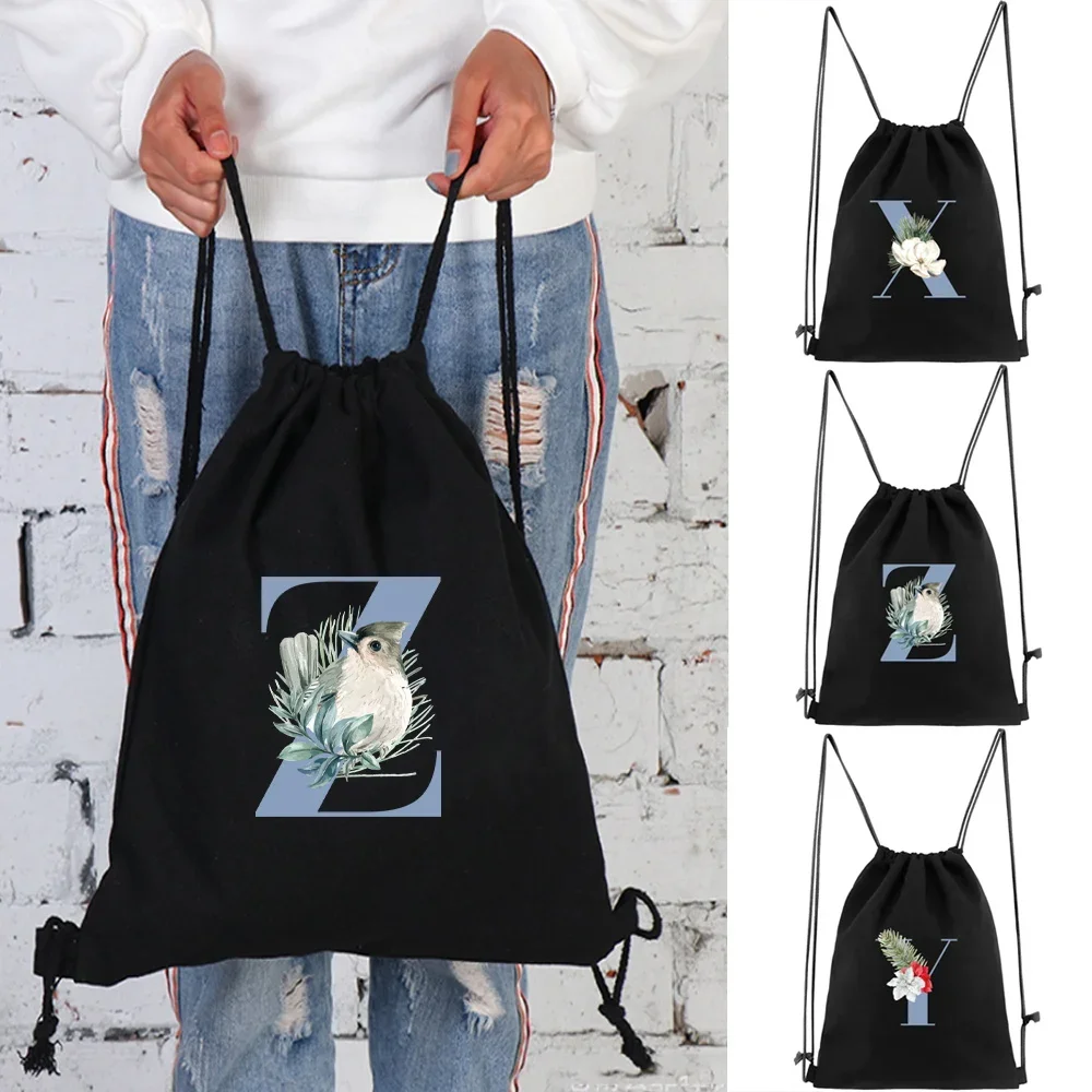 Canvas Drawstring Backpack Fashion Gym Drawstring Bag Blue Series Pattern Casual String Shoulders Psack Outdoor Beach Bag
