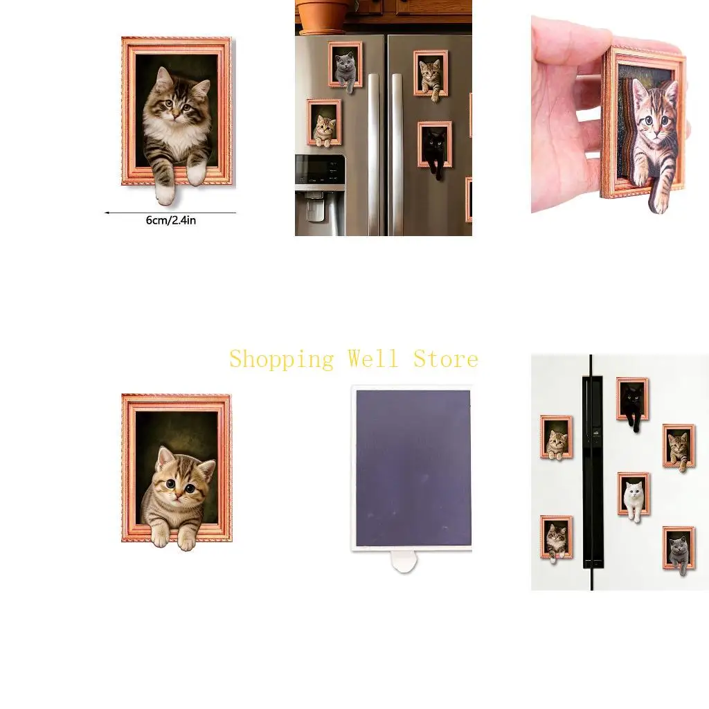 KX4B 3D Cats Frame Magnets Decors for Fridge Lockers or Whiteboards Display, Realistic Peeking Cats Accent for Animal Lover