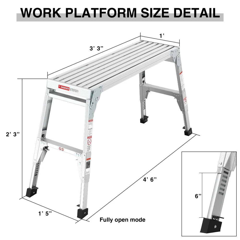 Escabeau en aluminium de grande taille, plateforme de travail pliable, banc de travail portable, largeur de 40 po, pieds télescopiques de 22 po à 27.5 po, recommandé, réglable