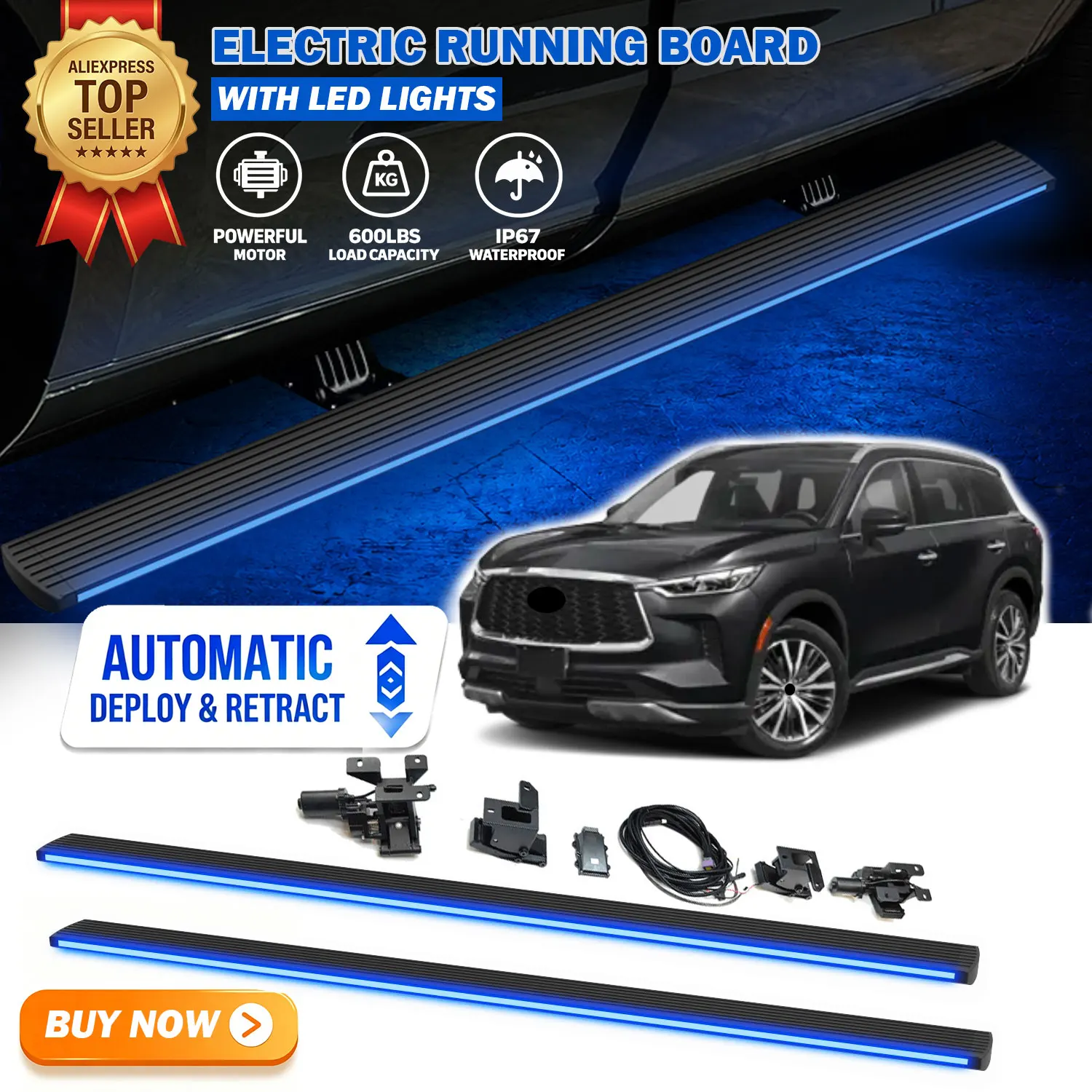 Fits For Infiniti QX60 2022-2026 Deployable Power Electric Running Boards with LED Light Strips Side Step Nerf Bars