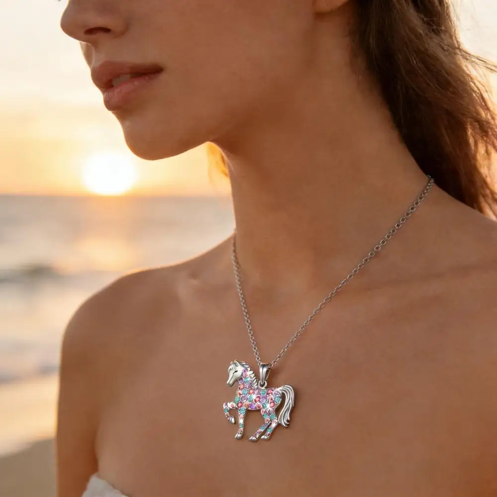 

Horse Zodiac Necklace Colorful Rhinestone Horse Pendant Necklace Sparkling Faux Gem Charm Jewelry Cute Cowgirl Gift for Women