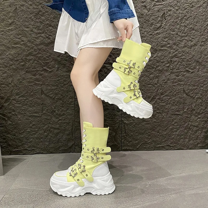 Women's Platform Combat Boots Gothic Star Buckle Mid-calf Boots Lace-up Thick Sole Motorcycle Boots Black/red/yellow/white view 3