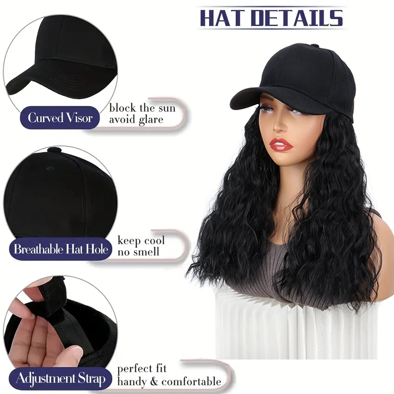 18 インチ合成ロングウェーブカーリー野球帽ヘアエクステンション調節可能なブラックブロンド Hairpece 帽子かつら女性のための