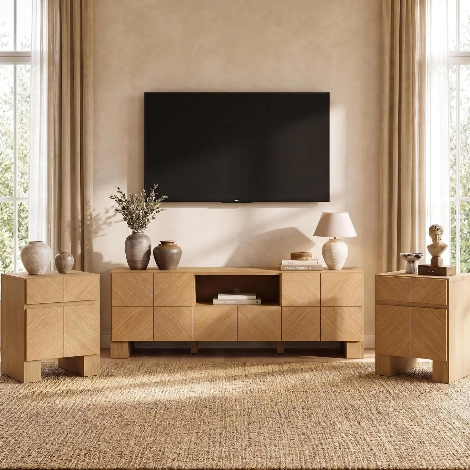 Oak TV Stand & Nightstand Set With Drawer Charging Station USB Ports Chevron Pattern Thick Legs Living Room 70