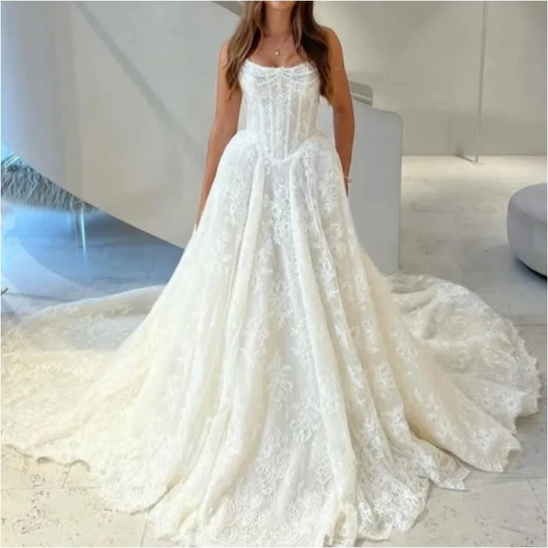 

Charming Full Lace Wedding Dresses Strapless A Line Court Train Garden Spring Fall Bride Bridal Gown Robe De Soiree Customized
