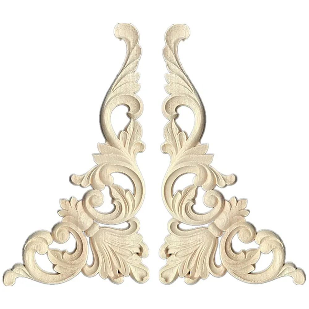 2PCS 30CM Vintage Unpainted Wood Carved Decal Corner Onlay Applique Frame Home Decoration Furniture Wall Decor Crafts