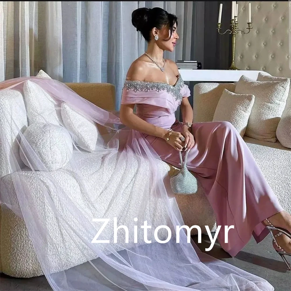 Exquisite Elegant Off-the-shoulder Sheath Party Dresses Hugging Beading Fold Tulle Anke length Skirts Satin Evening 