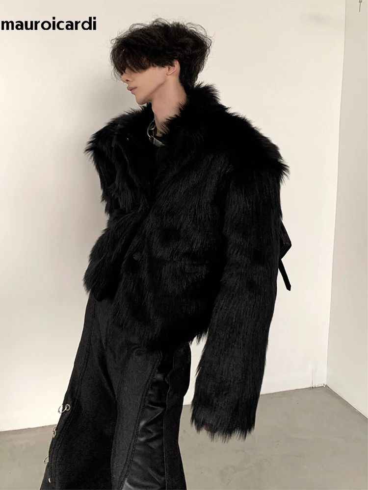 Mauroicardi Winter Short Cool Thick Warm Soft Black Hairy Faux Fox Fur Coat Men Long Sleeve Luxury Designer Fluffy Jacket 2023