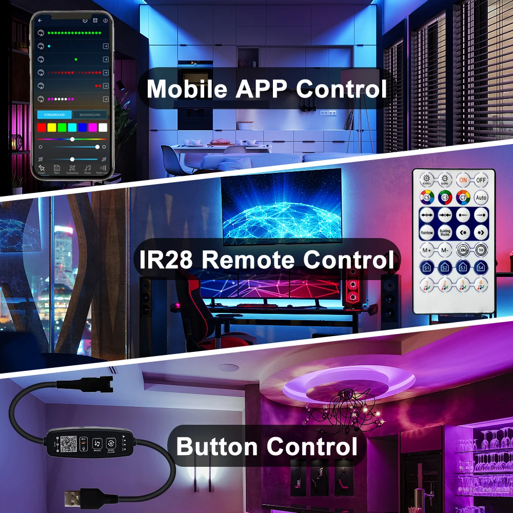 DC5-24V-botón de control remoto IR con Bluetooth, micrófono de música de 3 pines direccionable individualmente, tira de luz 5050 RGB, anillo de Panel