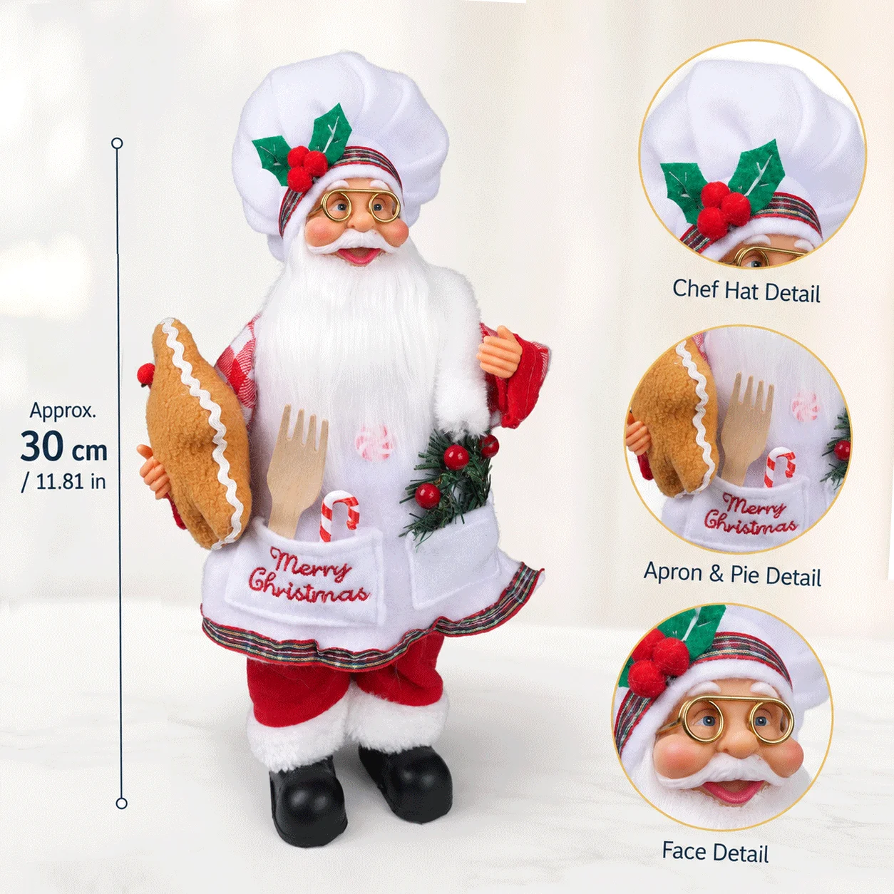 30cm Chef Santa Claus Figurine Christmas Decoration, Festive Santa Statue with Apron Hat and Gingerbread for Holiday Home Decor