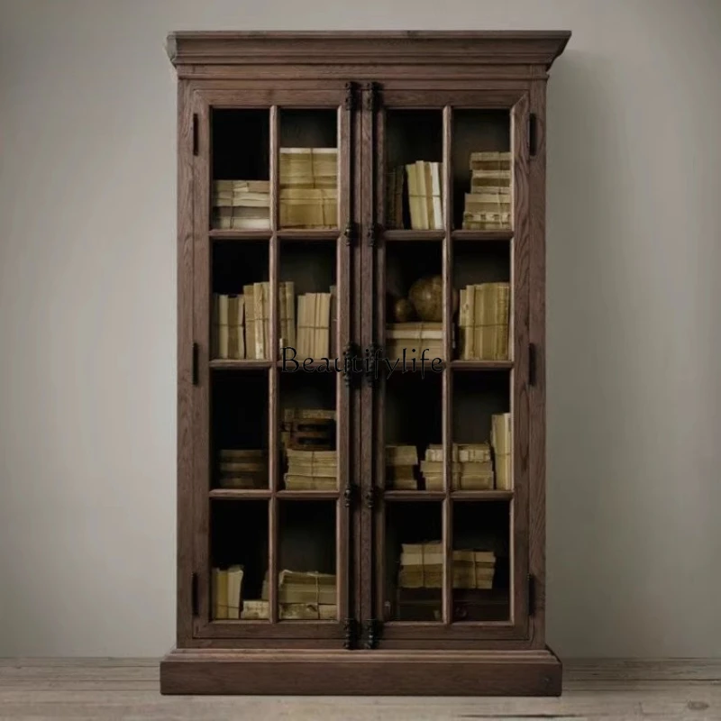 

American French Country Solid Wood Bookcase Oak Two Door Side Cabinet Antique Display Cabinet