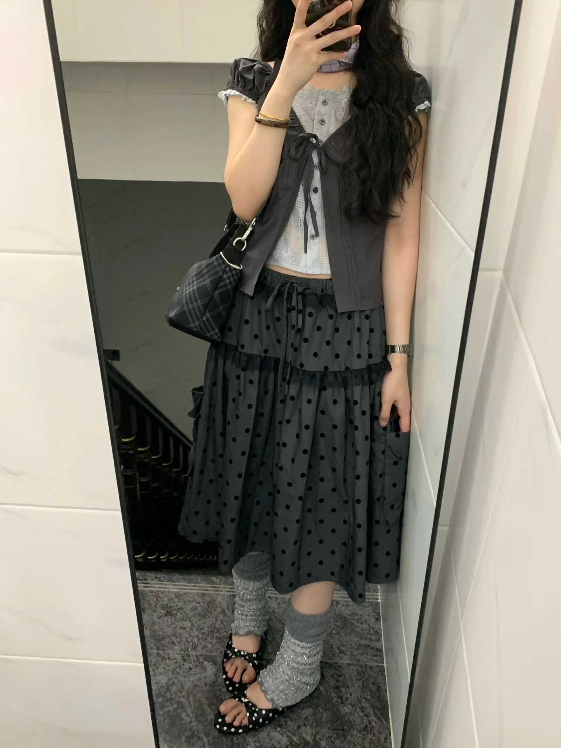 Setelan Atasan dan Rok Vintage Motif Polka Dot untuk Musim Panas, Model Patchwork, Busana Wanita Kasual, Bahan Campuran Poliester yang Nyaman dan Bernapas