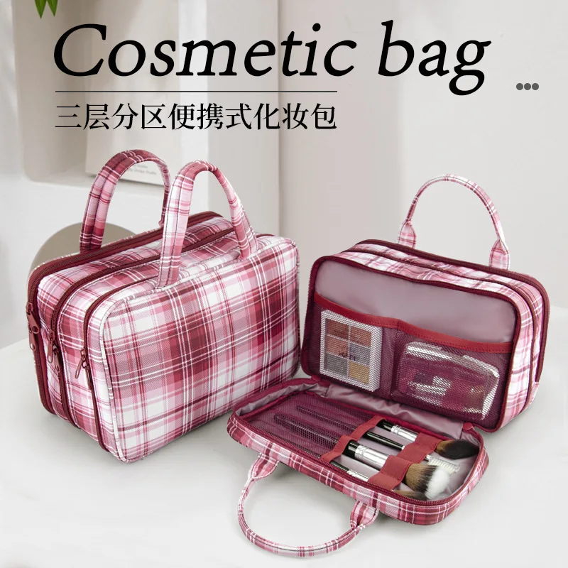 Three-layer portable makeup case with large capacity, featuring separate compartments for dry and wet items, ideal for travel
