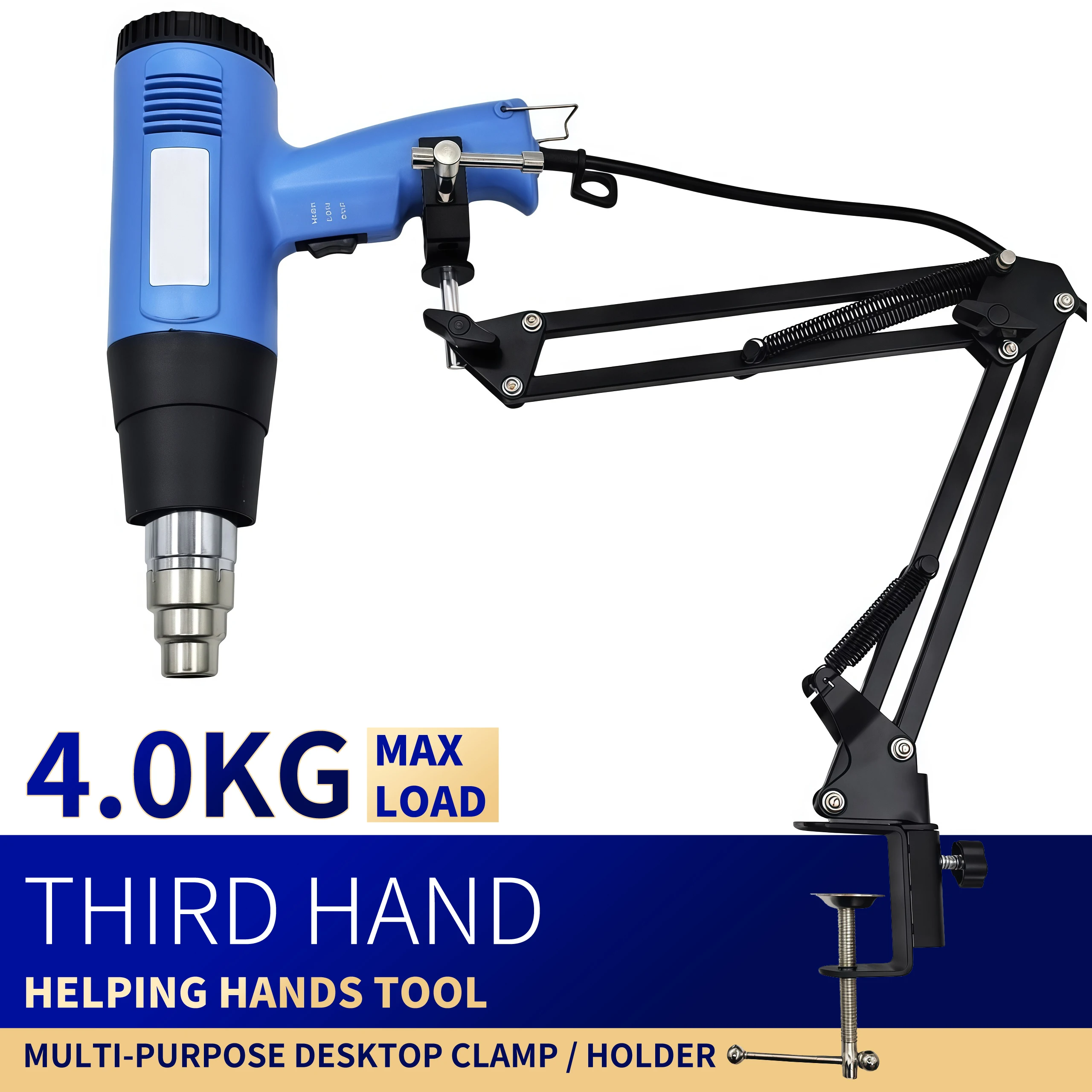 

360 ° Вращающаяся вспомогательная рука с прочным настольным зажимом — держатель тепловой пистолета 4 кг для пайки печатных плат, двойные регулируемые зажимы