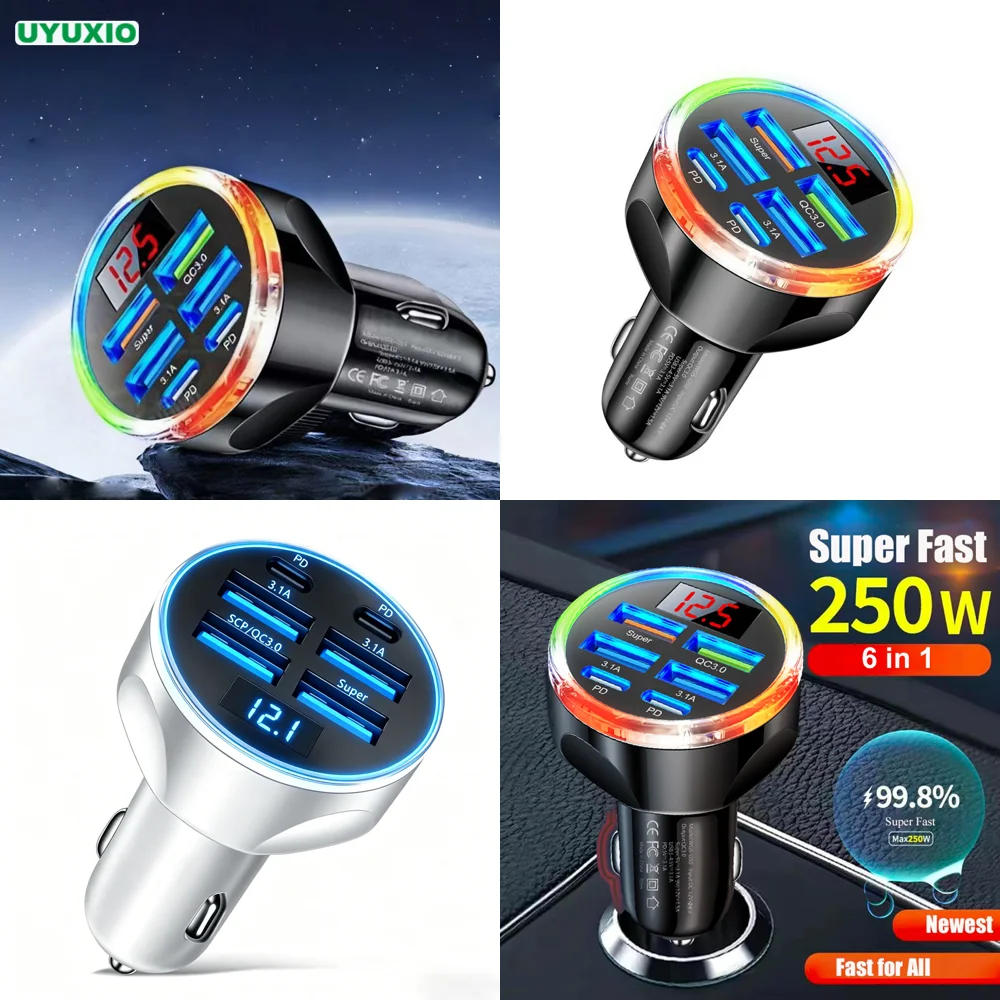 6-in-1 USB-Autoladegerät 4 PD 4 USB-A mit Voltmeter Multi-Port Superschnelles Ladeadapter mit Spannungsanzeige für iPhone Neu