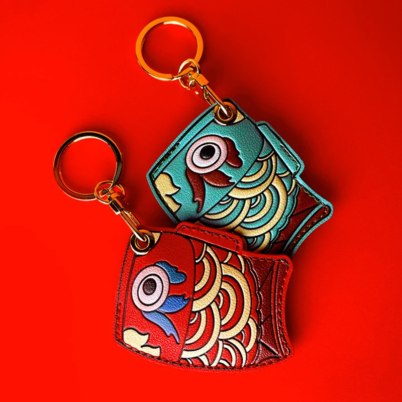 Kawaii Fish Flag Keychain Card Holder Girl Boy Key Ring Holder Pendant Access Card Case Ukiyo-e Airtag Anti-lost Bag Charm Gift