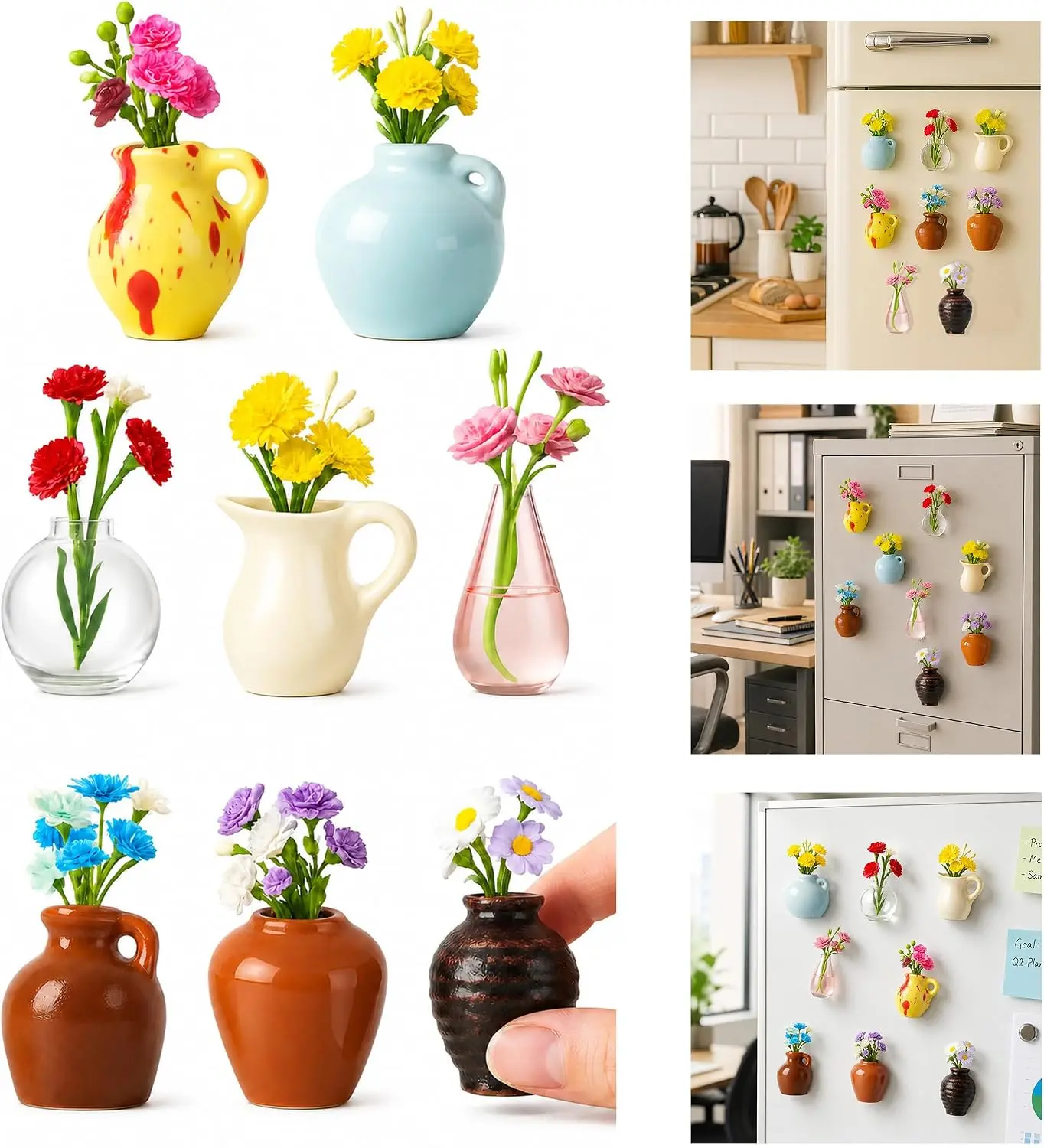 Mini Ceramic Vase Magnets for Fridge – 8 Set Handmade Tiny Flower Pots for Aesthetic Home Décor, for Women, Mom, or Teacher, Boh