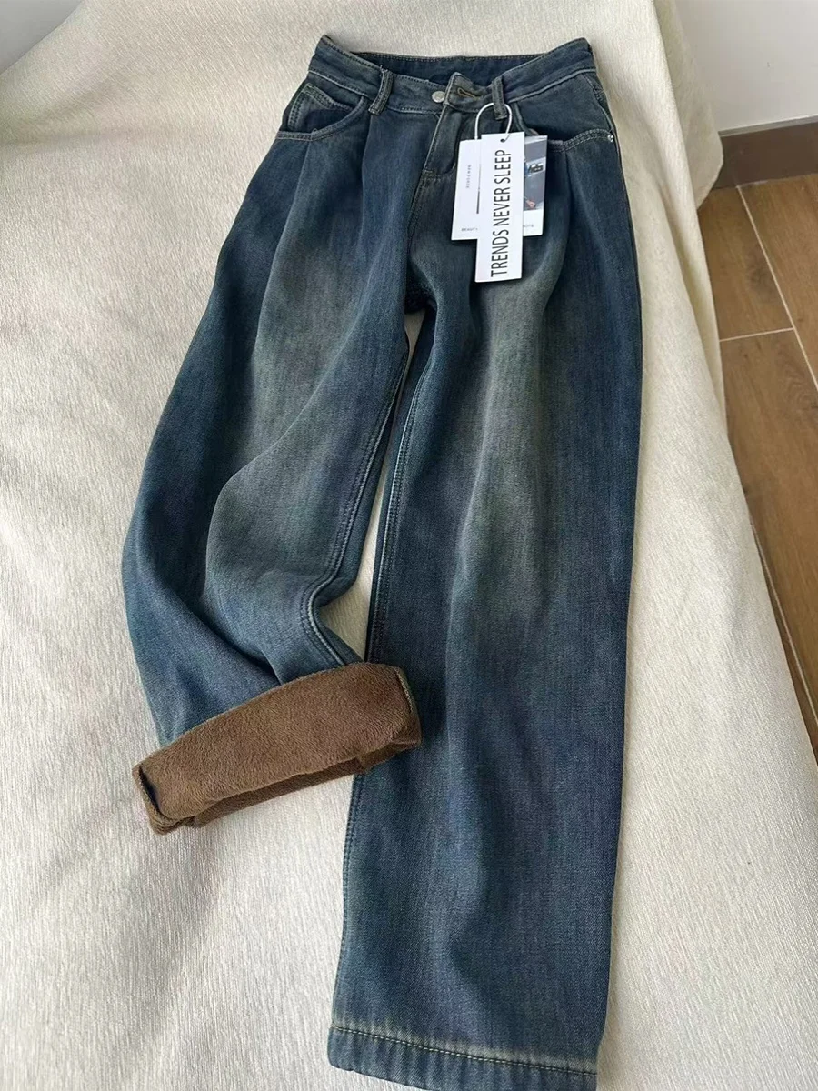 Thiened Fce taille haute jambe large jean femmes hiver nouveau Sle grande taille coupe ample coupe droite pantalons longs