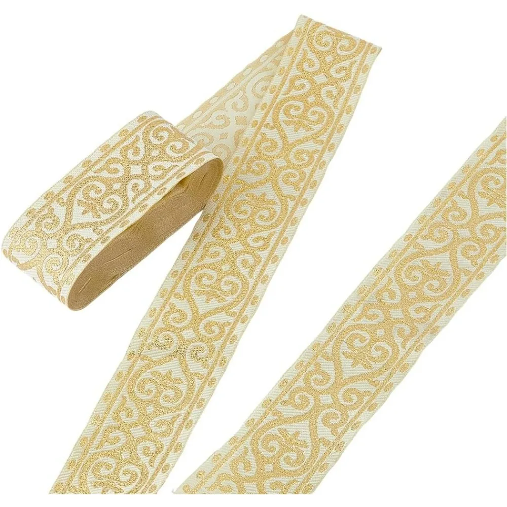 1 Roll Ethnic Style Jacquard Ribbon 7.66 Yards 50mm Wide White Golden Embroidery Polyester Ribbons Floral Fabric Trim Ribbon