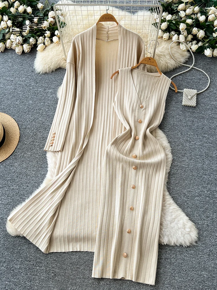 winter dress cardigans SINGREINY 2025 Homewear Sweater Suits Female Striped Long Cardigans+Sleeveless Vintage Lazy Casual Two Pieces Sets Size:50 Short Get two jackets for Raffiné Clara | Square Neck