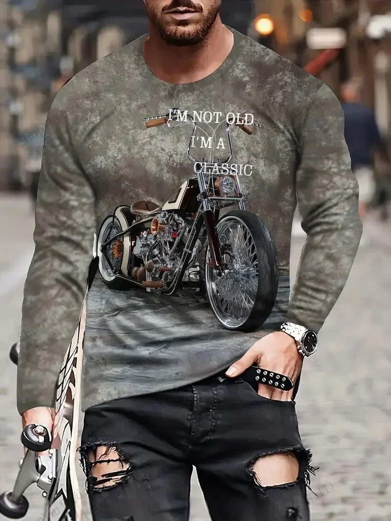 Mens Vintage Motorcycle Print Crew Neck Long Sleeve T-Shirts Biker Soft Breathable Casual Daily Streetwear Comfortable Top Pick