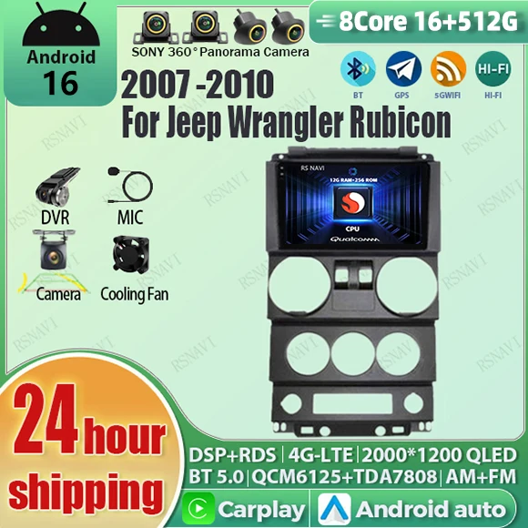 Radio para Auto con Android 16, Carplay, Qualcomm, Pantalla QLED 2K, para Jeep Wrangler Rubicon 2007-2010, GPS, Wifi, Multimedia, 4G, BT