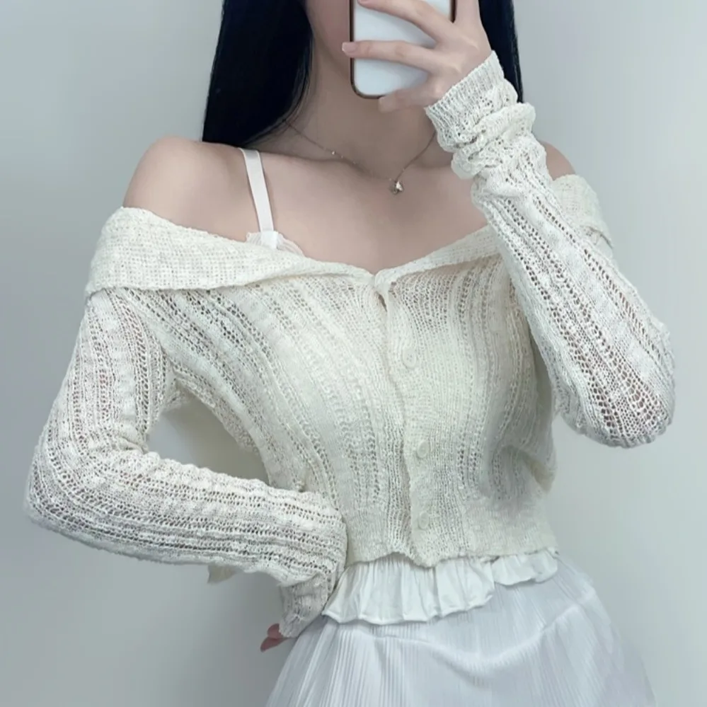 Chic Spring Navy Collar Open Cardigan Slim Sexy Long Sve Thin Knitted Sweater Jaet Top Polyester Fiber 00% Women's Faion