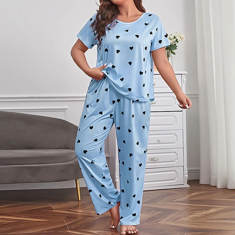 Women\'s Pajama Set Soft and Breathable Short Sleeve T-shirt & Cozy Long Pants Pyjama Femme Love Heart Print Loungewear Sleepwear