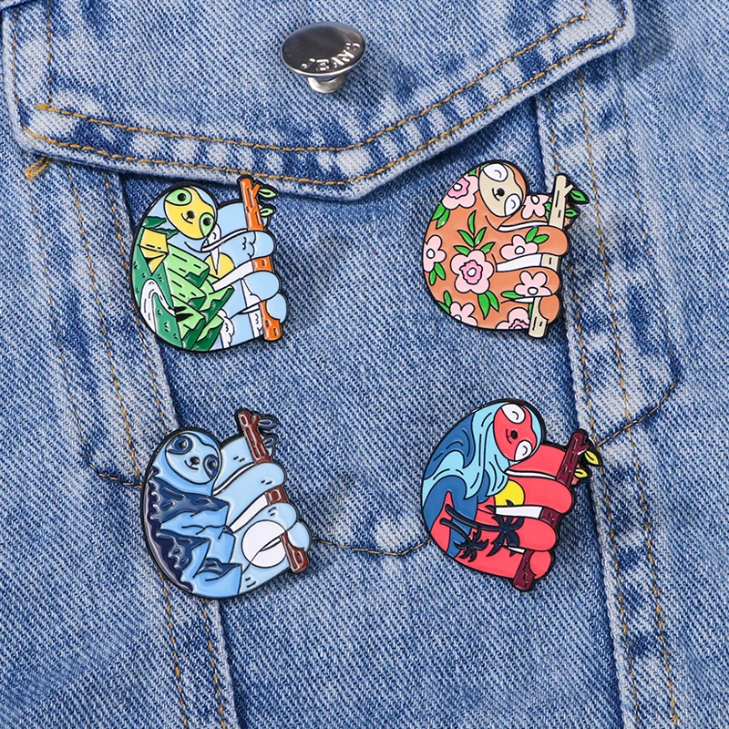 Pretty Cute Sloth Theme Pins Flower Snow Mountain Wilderness Beach Pattern Bradypod Enamel Brooches Wholesale