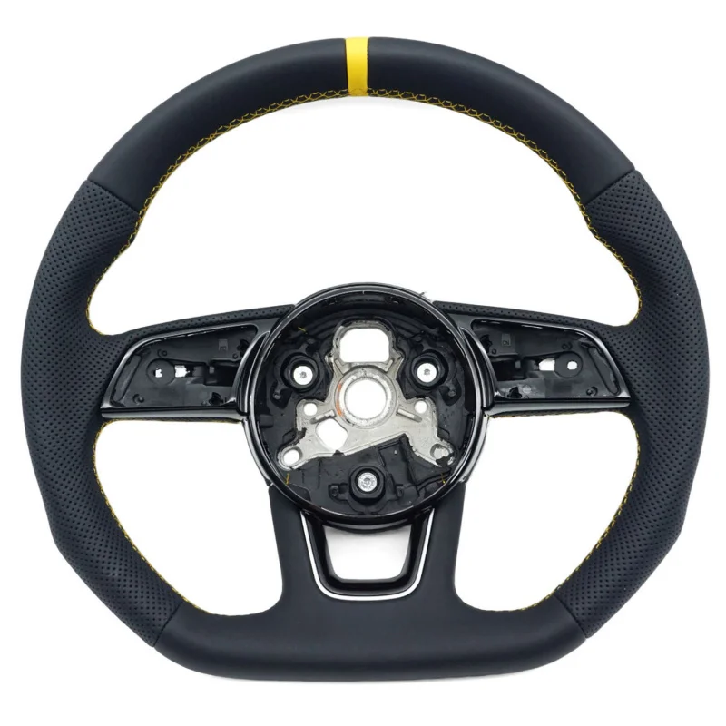 For Audi A4B9 RS model semi-perforated steering wheel with yellow stitching, yellow return-to-center mark, and flat bot