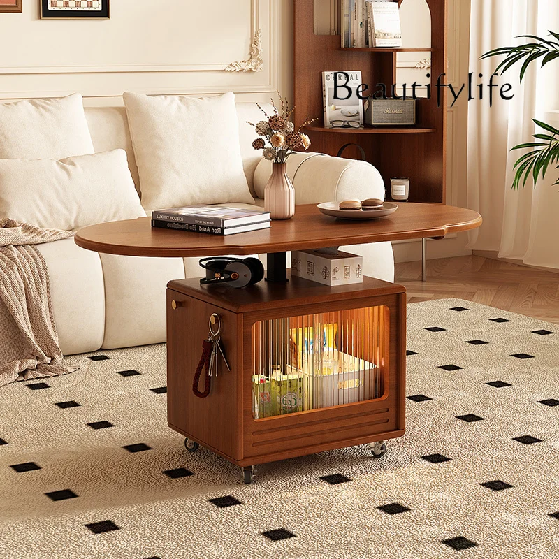 French Small Apartment Living Room Home Tea Table Solid Wood Lifting Coffee Table Multi-Functional Mobile Tea Table