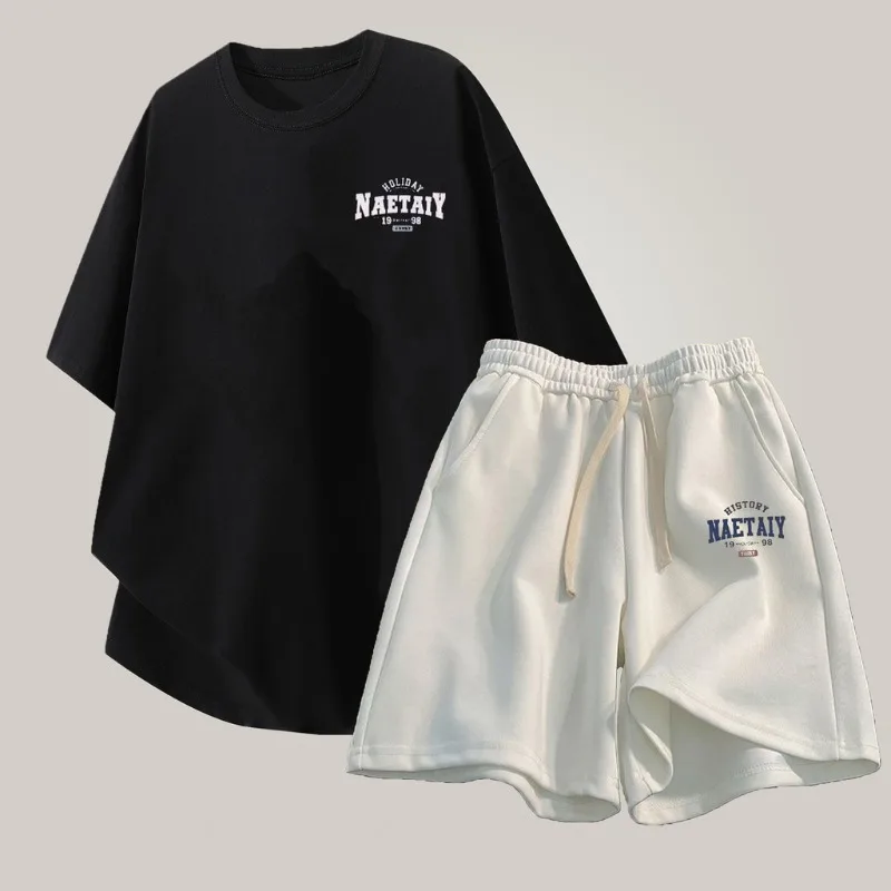 【 M-8XL 】 Loose Large Size Discount Set Daily Edition Letter Print T-shirt Drawstring Shorts Unisex