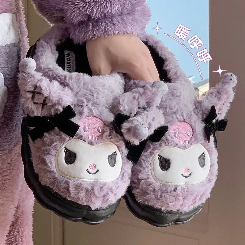 Winter Kuromi Slippers Kawaii Student Dormitory Bedroom Plush Cartoon Warm Shoe Girl Room Life Daily Necessities Birthday Gift