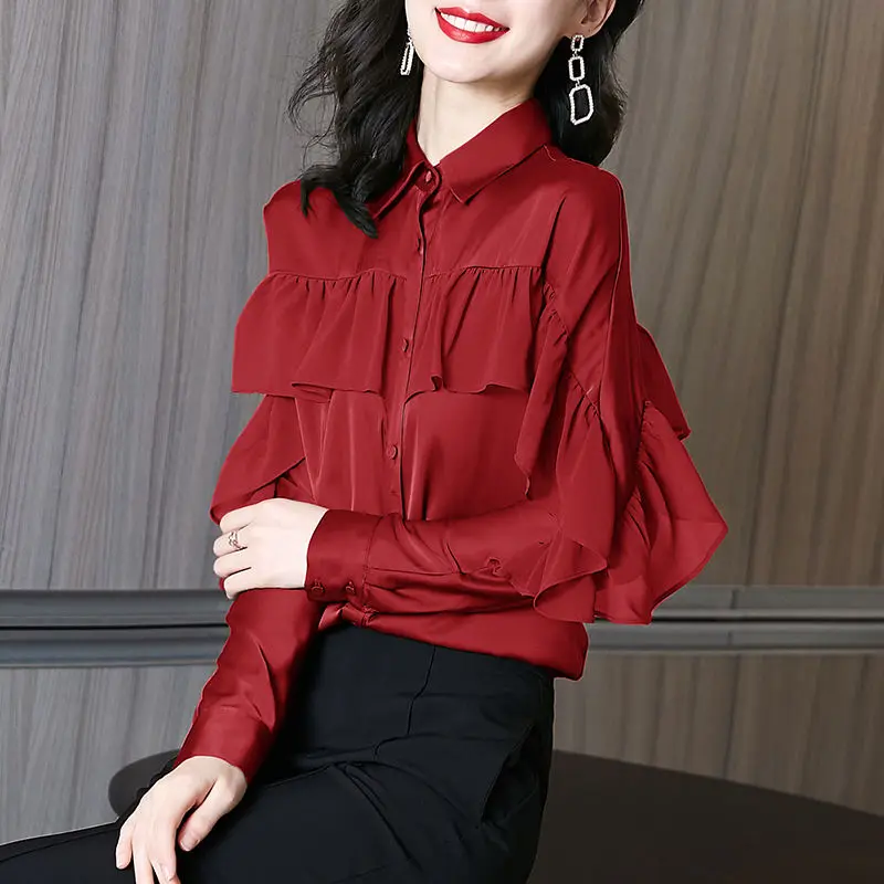 Office Lady Stylish Ruffles Patchwork Shirt Spring Autumn Long Sleeve Women\'s Clothing Single-breasted Loose Polo-Neck Blouse